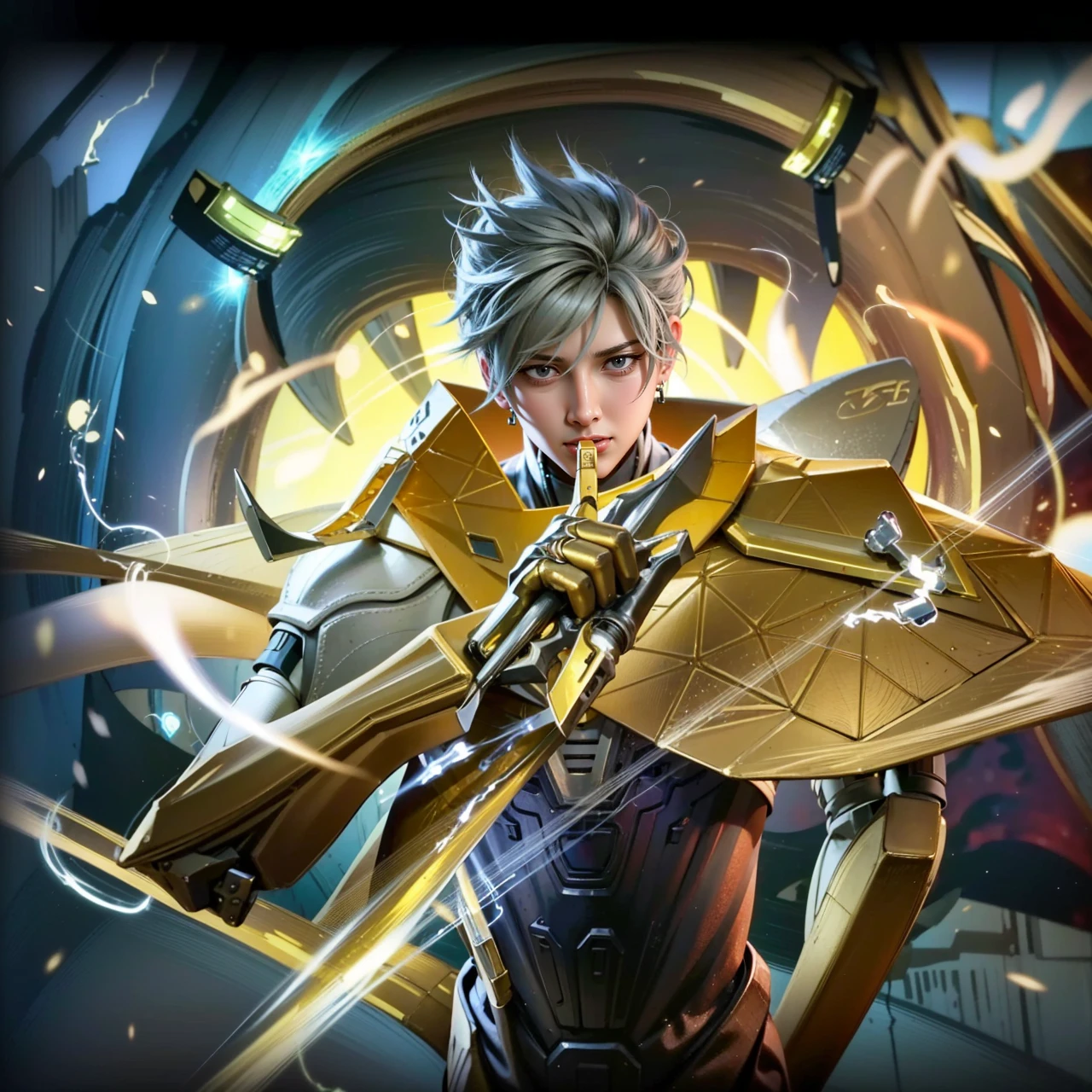 masculine male, masterpiece, ((perfect eyes)) best quality, (semirealism:1.9), beautiful lighting, (extremely detailed CG unity 4k fhd wallpaper), High Detail, Sharp focus, dramatic outdoors, 1 boy ,19 years old, blue eyes, smile, royal matador, Boy with two big horns, big earrings on ears, elf ear, red eyes, Thick eyebrows, evil smile, grinning,red body, red face, Burning skin, yellow diamonds glistening on chest, burning red skin,golden robe behind, big white belt , 8k , realistic, scary.