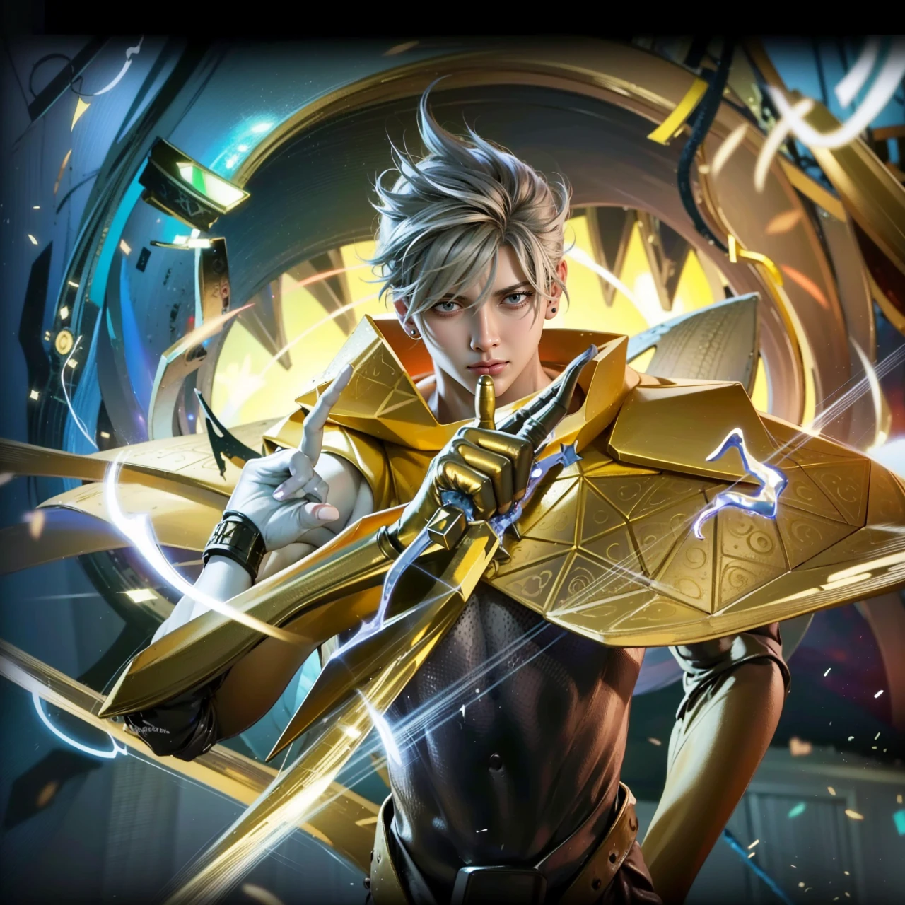 masculine male, masterpiece, ((perfect eyes)) best quality, (semirealism:1.9), beautiful lighting, (extremely detailed CG unity 4k fhd wallpaper), High Detail, Sharp focus, dramatic outdoors, 1 boy ,19 years old, blue eyes, smile, royal matador, Boy with two big horns, big earrings on ears, elf ear, red eyes, Thick eyebrows, evil smile, grinning,red body, red face, Burning skin, yellow diamonds glistening on chest, burning red skin,golden robe behind, big white belt , 8k , realistic, scary.