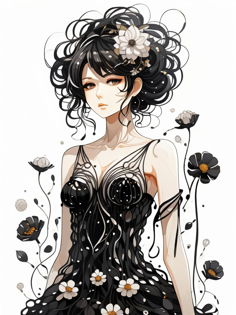 anime art style, a woman in a dress made of ferrofluid threads and flowers, white background, waist up shot