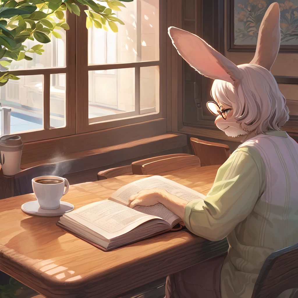 ((Masterpiece)), ((Best Quality)), (Very Detailed), ((Very Detailed)), 4K, (8K), very aesthetic, absurdres highres, 1woman, anthropomorphic rabbit, furry, kemono, elderly woman, glasses, cafe, wooden table, coffee cup, book, window light, warm colors, quiet afternoon, peaceful, calm