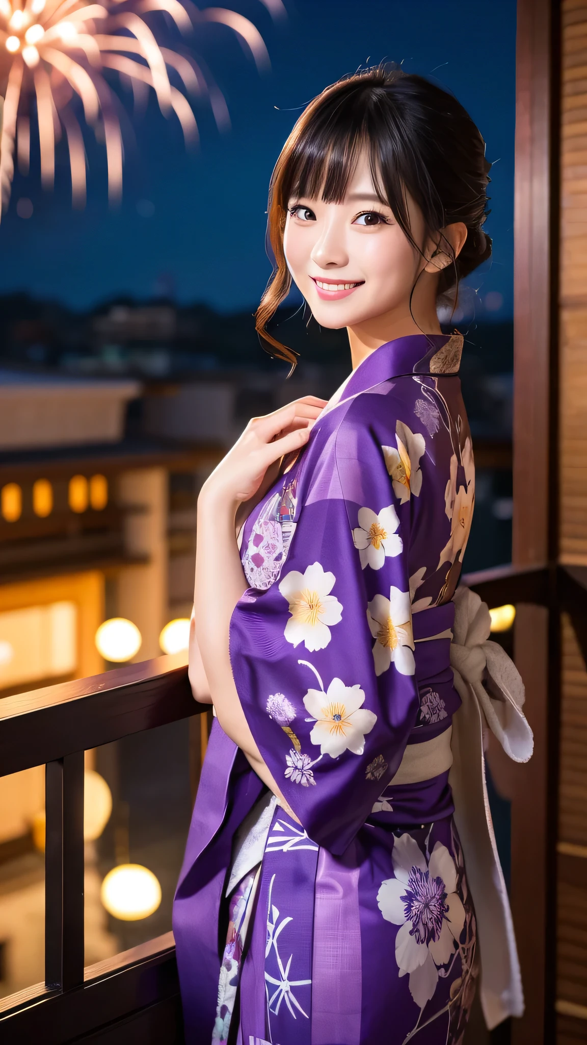 night、A glamorous atmosphere、firework、Matte fabric、Purple large floral pattern yukata、Cotton kimono、stylish （night景、night、smile）、night空、bangs、No makeup、（masterpiece、8K,RAW Photos、High resolution:1.4）、girl&#39;Her calm expression is、Emphasized by the soft look..。 Canon EOS R6 Mark II and Sigma 50mm f/2.Used in combination with 8/1.4 DG HSM Art Lens、シーンのあらゆるニュアンスがHigh resolutionでキャプチャされます。
