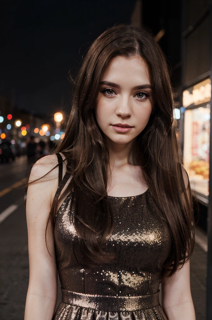 long brown hair, brown eyes, pale skin color, medium breast, glitter dress black, city background