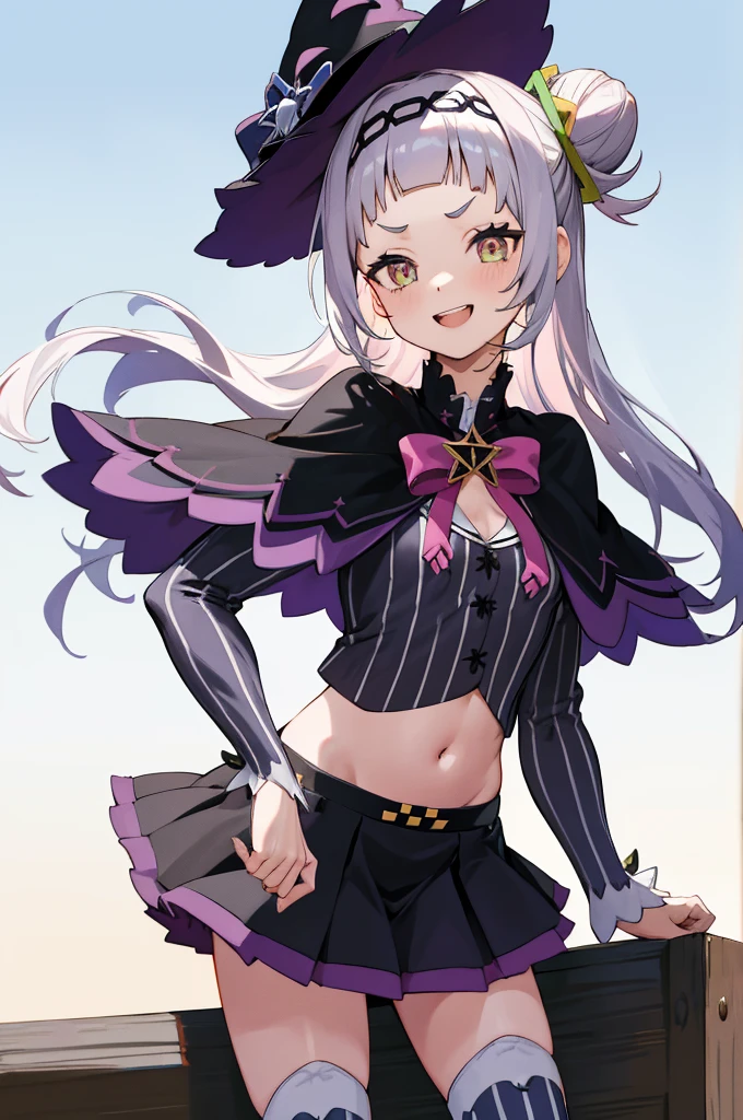 masterpiece, best quality, highres, aashion, 1girl, long hair, (single hair bun:1.1), short eyebrows, small breasts, hairband, witch hat, pink bowtie, black capelet, pinstripe shirt, long sleeves, midriff, black skirt, miniskirt, striped thighhighs, aged down, cowboy shot, standing, outdoors, smile, upper teeth,