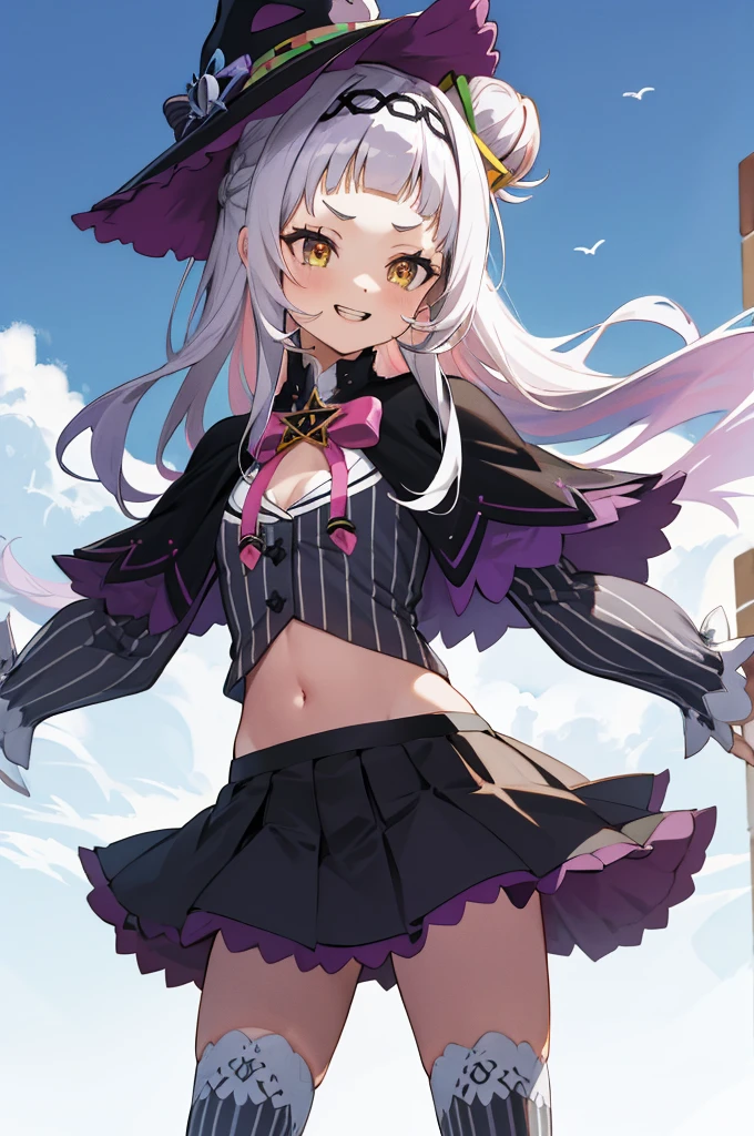 masterpiece, best quality, highres, aashion, 1girl, long hair, (single hair bun:1.1), short eyebrows, small breasts, hairband, witch hat, pink bowtie, black capelet, pinstripe shirt, long sleeves, midriff, black skirt, miniskirt, striped thighhighs, aged down, cowboy shot, standing, outdoors, smile, upper teeth,