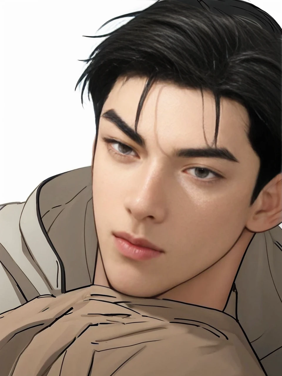 masterpiece, 1boy, adult, handsome, black hair, undercut hair, perfect face, detailed eyes and face, black eyes, clean shaved, muscular, capturing a rural atmosphere, dynamic lighting, unreal engine 5, jacket