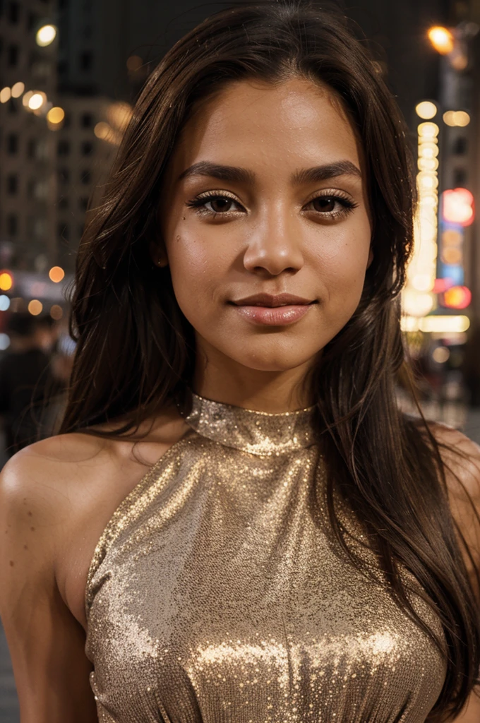 long brown hair, brown eyes, light skin color, medium breast, glitter dress black, city background