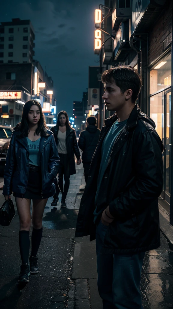 Four college students were playing till late night. 4k realistic imagery, blue scenery like a movie scene, old american setting, inspired by blade runner movie scene, blue tone,