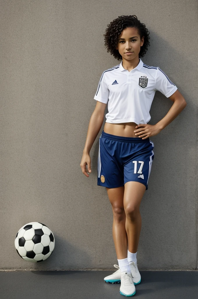  modern hair short stature, soccer pose 