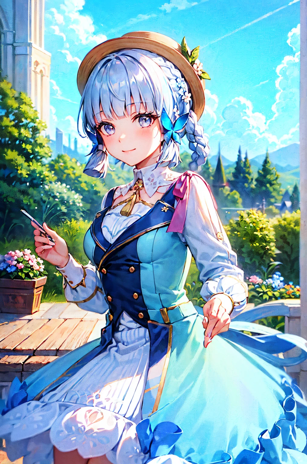 (Realistic painting style:0.9), (faux traditional media:1.0), masterpiece, best quality, bokeh, depth of field, looking to the side, kamisato ayaka (springbloom missive), kamisato ayaka, official alternate hairstyle, official alternate costume, blunt bangs, butterfly hair ornament, hair flower, blue dress, 1girl, butterfly, grey eyes, flower, hair ornament, light blue hair, outdoors, solo, hat, sky, blue nails, cloud, bangs, long sleeves, holding, looking at viewer, blue butterfly, blurry, braid, dress, day, blurry foreground, blue sky, breasts, medium breasts, cloudy sky, blush, index finger raised, blue flower, smile, closed mouth, holding fan