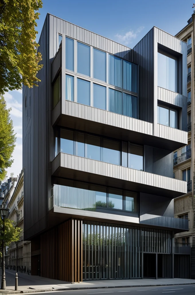 Generate a design of the Paris Philharmonic by Jean Nouvel, with its main elements, but modified to a house