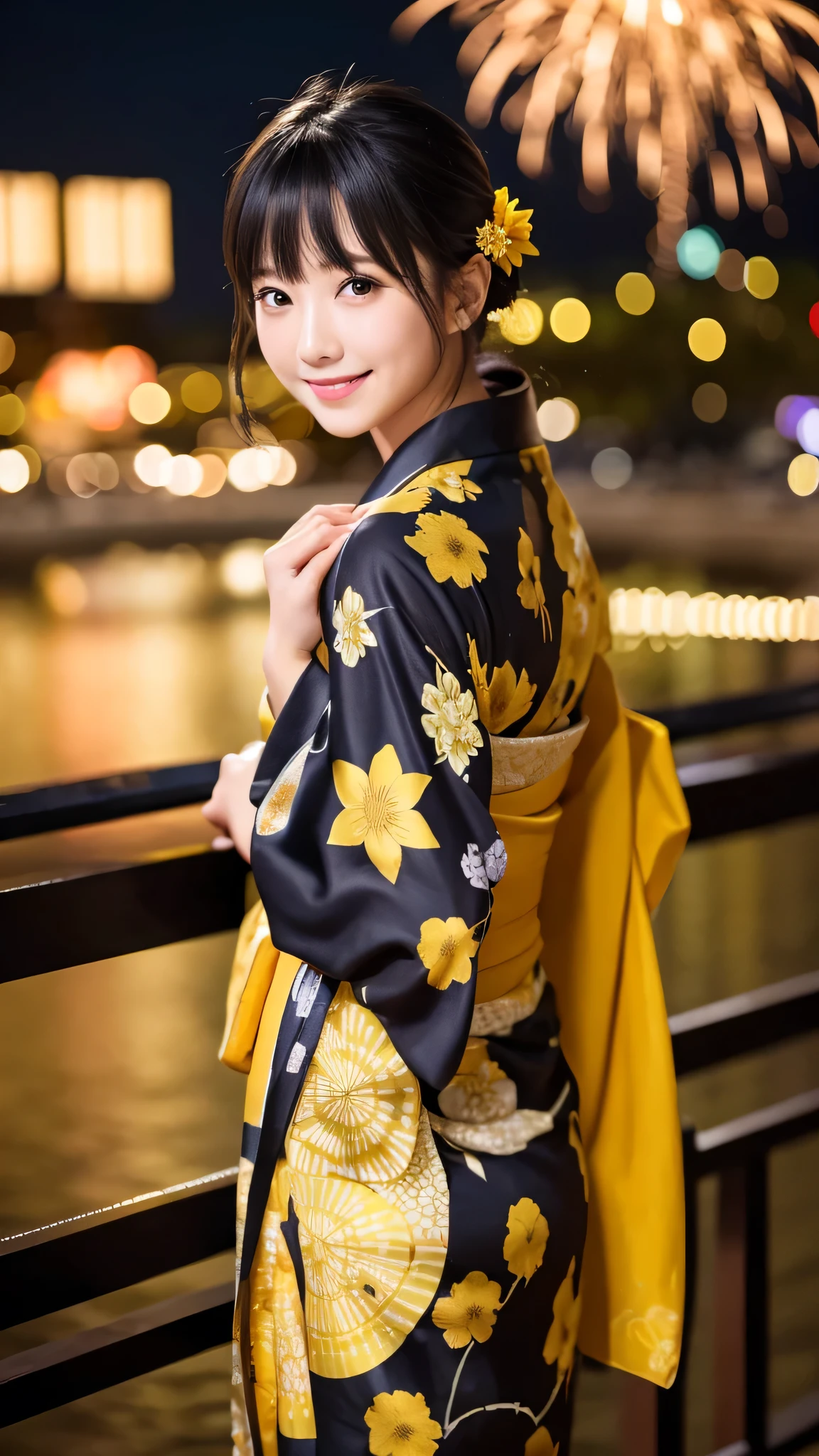 night、A glamorous atmosphere、firework、Matte fabric、Yellow large floral pattern yukata、Cotton kimono、stylish （night景、night、smile）、night空、bangs、No makeup、（masterpiece、8K,RAW Photos、High resolution:1.4）、girl&#39;Her calm expression is、Emphasized by the soft look..。 Canon EOS R6 Mark II and Sigma 50mm f/2.Used in combination with 8/1.4 DG HSM Art Lens、シーンのあらゆるニュアンスがHigh resolutionでキャプチャされます。