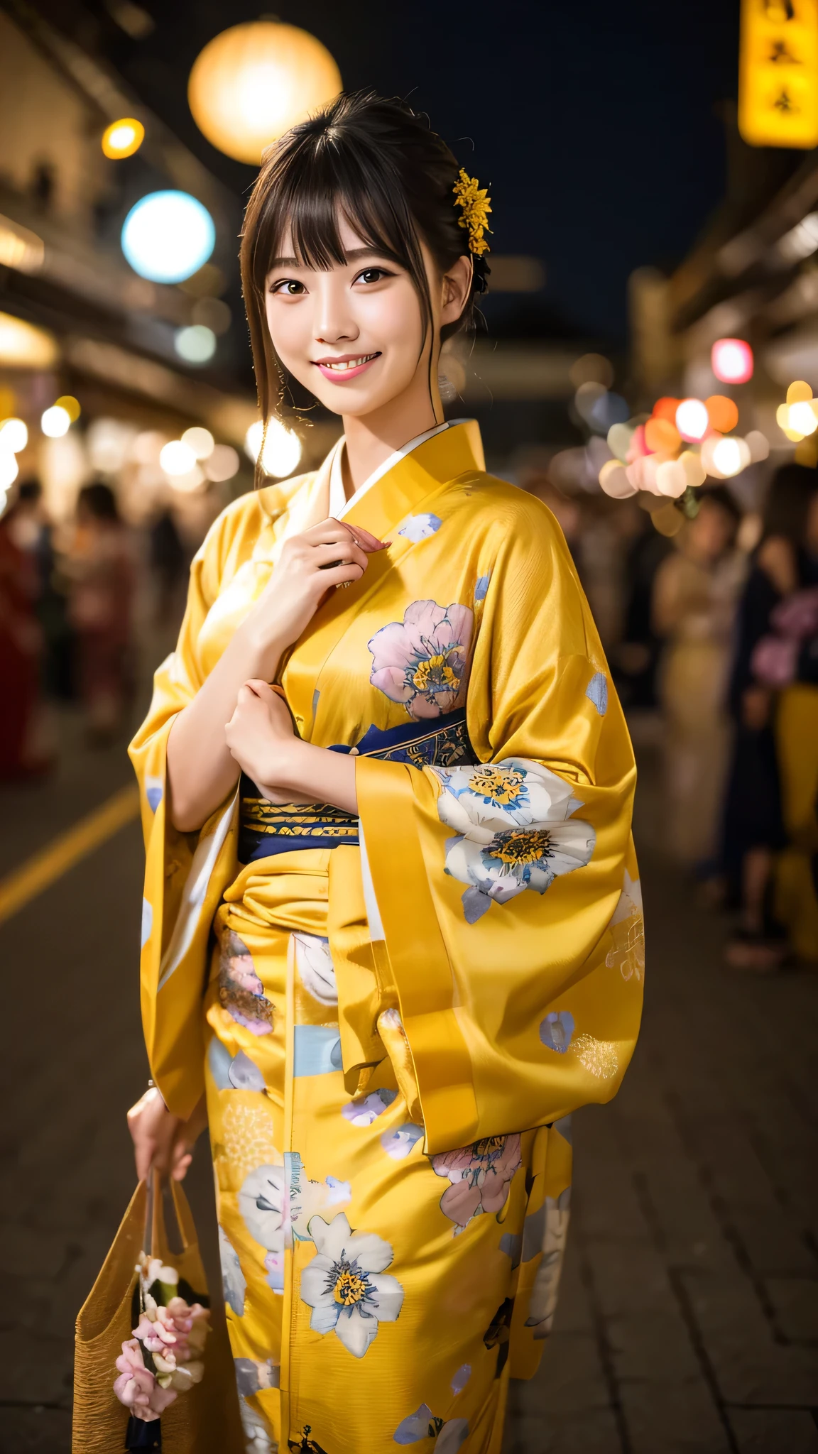 night、A glamorous atmosphere、firework、Matte fabric、Yellow large floral pattern yukata、Cotton kimono、stylish （night景、night、smile）、night空、bangs、No makeup、（masterpiece、8K,RAW Photos、High resolution:1.4）、girl&#39;Her calm expression is、Emphasized by the soft look..。 Canon EOS R6 Mark II and Sigma 50mm f/2.Used in combination with 8/1.4 DG HSM Art Lens、シーンのあらゆるニュアンスがHigh resolutionでキャプチャされます。