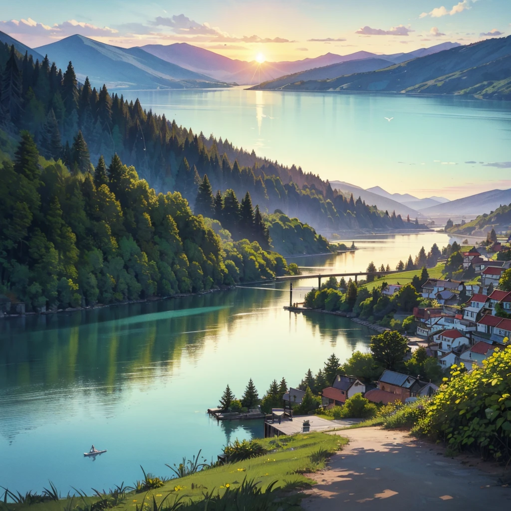 a tourist village is on top of a elevation terrain with beautiful sunset is on one side of the lake with light blue water and the lake's water volume has recently decreased so there is a part of land without any buildings, where there used to be water is now land. Blue sky with some birds flying above the river and a yellow punt passing in the distance, the sun sets making it a sight to behold; open plan framing, semi-realistic drawing style, with very high resolution of the drawing contours.