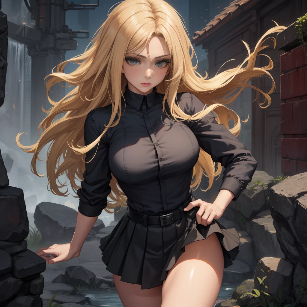 8k,masterpiece, bset quality,big, (1 girl), Makima, green eyes, blonde hair, long hair, braids hair, professional lighting, (shiny skin: 1.2), shiny big, ((best quality)), sharp focus: 1.2, highly detailed face and skin texture, detailed eyes, perfect face, perfect body, blur art, cg, background, Big breasts, presence (20yo, mature cool and beautiful face), wearing ((black skirt), blue taut shirt, thigh), blush, (mittgal), random pose, top view, perfect eye