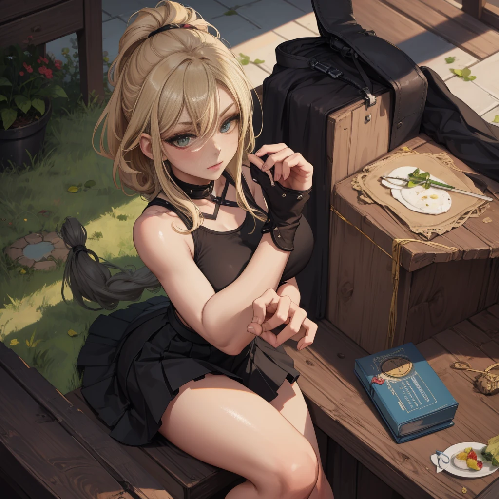 8k,masterpiece, bset quality,big, (1 girl), Makima, green eyes, blonde hair, long hair, braids hair, professional lighting, (shiny skin: 1.2), shiny big, ((best quality)), sharp focus: 1.2, highly detailed face and skin texture, detailed eyes, perfect face, perfect body, blur art, cg, background, Big breasts, presence (20yo, mature cool and beautiful face), wearing ((black skirt), blue taut shirt, thigh), blush, (mittgal), random pose, top view, perfect eye