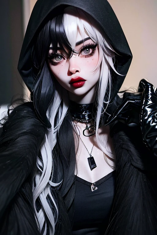 (masterpiece, best quality:1.2), [graveyar:girl:0.9], 1girl, solo, beautiful, gothic, gloomy, Asian woman, mature, black clothing, hooded black robe, modest clothing, hood up, goddess of death, blank expression, split dye hair, multicolored hair, black and white hair, black dye on right side, white hair on left side, messy hair, bangs, black eyebrows, thick eyebrows, long eyelashes, grey eyes, dark circles under eyes, plump lips, red lipstick, red lips, no skin showing, skinny, pale skin, thin, sickly looking, looking at viewer, holding scythe, in graveyard, Wylona Hayashi, all black clothing, black hood, full body shot, cemetery background, standing, standing in a cemetery, holding scythe, windy, wind blowing