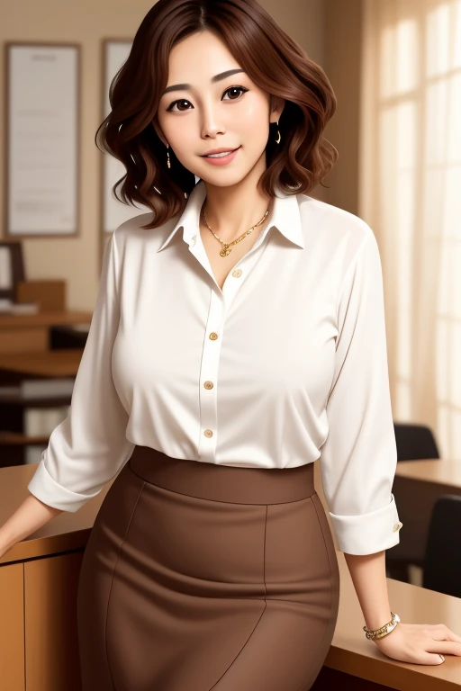60-year-old woman, Veteran female teacher, Medium Hair, light brown, Thin face, smile, Brown droopy eyes, Standing in a white blouse BREAK pencil skirt.
