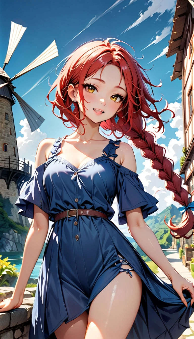 (highest quality:1.2), Very detailed, Vibrant, digital coloring, High Contrast, masterpiece:1.2, highest quality, Best aesthetics, 1 female, red Hair, (single braid:1.5), messy hair, vivid yellow eyes, (((Blue Dress:1.2))), (fantasy landscape:1.4), windmill, Bright lighting, Beautiful world, New World, Blown by the gentle wind, (hot gaze, Hot, beautiful lips, Glossy, Open Mouth, Leaking sigh), Accurate, Textured skin, Cowboy Shot, seductive smile, The beauty and danger of growing from a girl to an adult, A symbol of miraculous beauty.