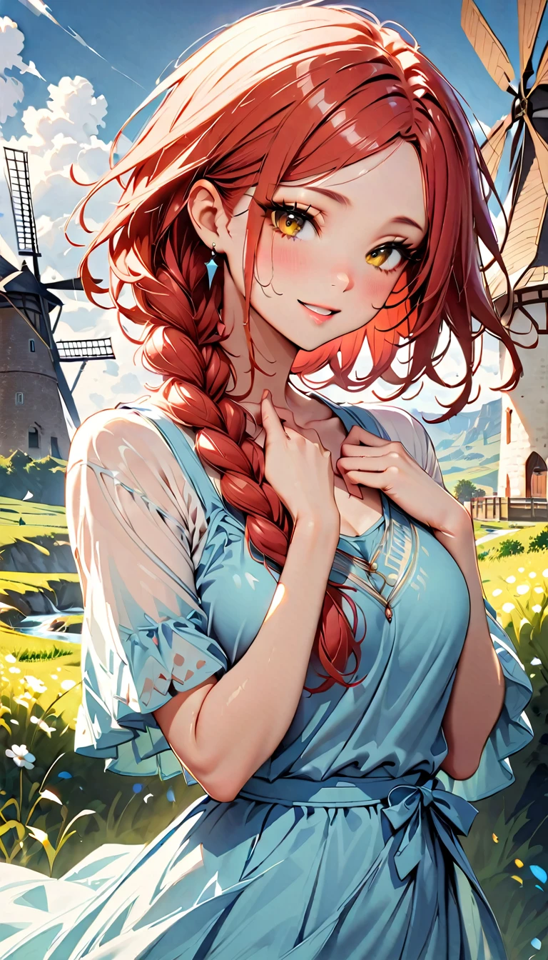 (highest quality:1.2), Very detailed, Vibrant, digital coloring, High Contrast, masterpiece:1.2, highest quality, Best aesthetics, 1 female, red Hair, (single braid:1.5), messy hair, vivid yellow eyes, (((Blue Dress:1.2))), (fantasy landscape:1.4), windmill, Bright lighting, Beautiful world, New World, Blown by the gentle wind, (hot gaze, Hot, beautiful lips, Glossy, Open Mouth, Leaking sigh), Accurate, Textured skin, Cowboy Shot, seductive smile, The beauty and danger of growing from a girl to an adult, A symbol of miraculous beauty.