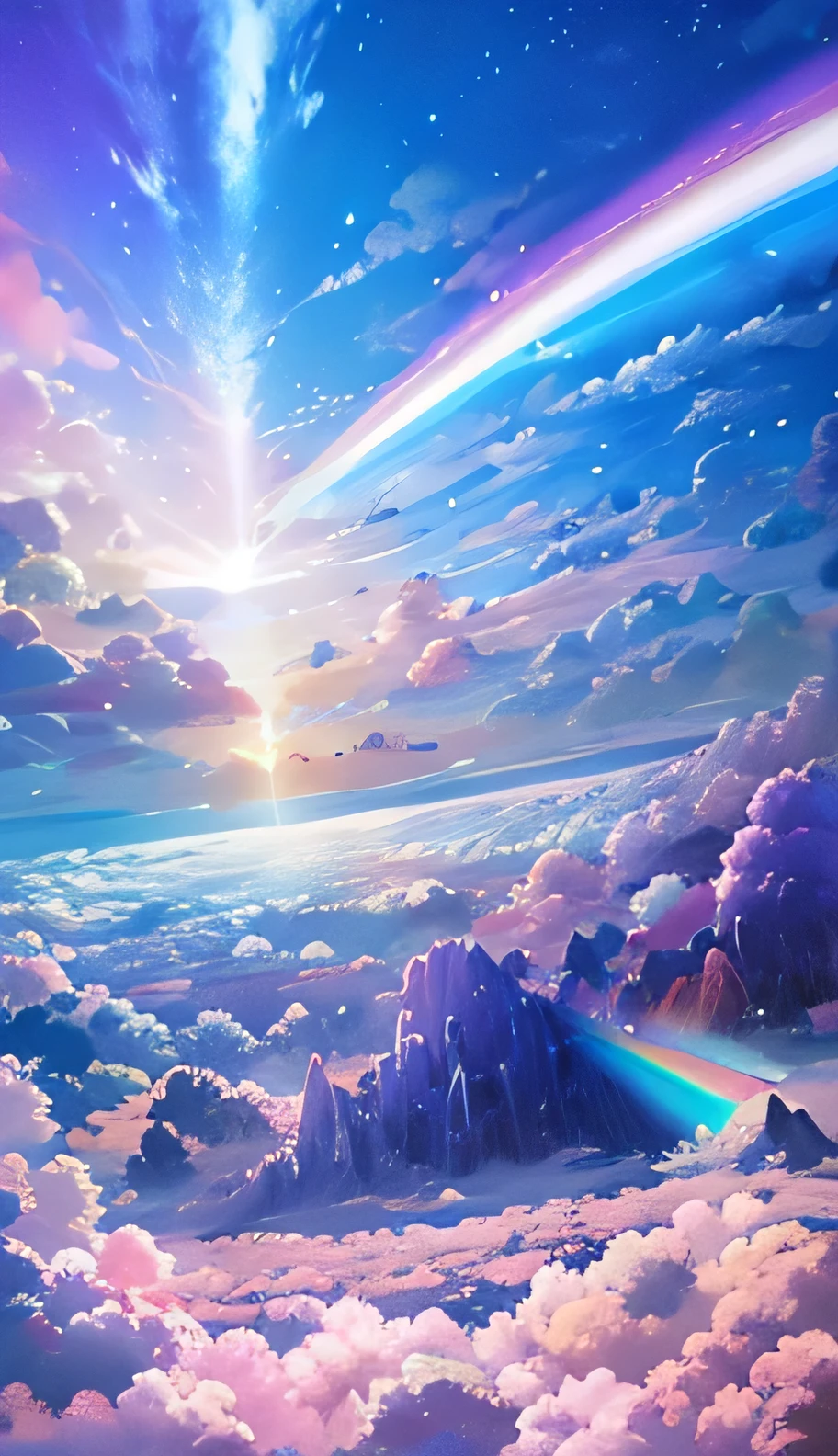 雲と虹のあるrainbow colored skyの絵, So colorful and heavenly, mysterious rainbow halo, bright rainbow halo, rainbow cloudss, colors of heaven, Introducing Space Cloudscape, clear rainbow galaxy stormy sea, rainbow clouds, fantasy rainbow, rainbow cloudss, sitting on a cloud in space, Celestial planets in the background, rainbow colored sky, heavenly atmosphere