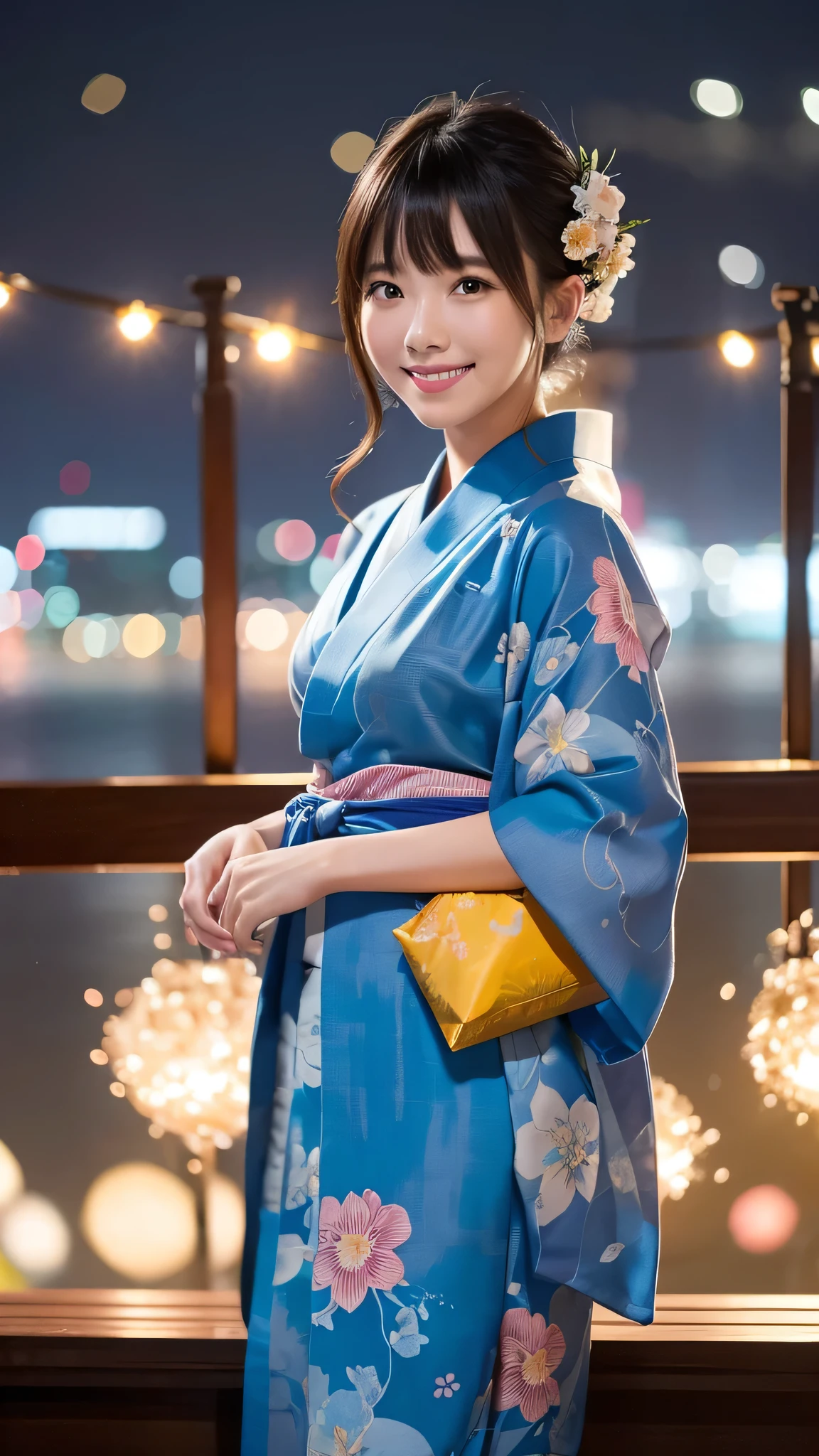 night、A glamorous atmosphere、firework、Matte fabric、Light blue large floral pattern yukata、Cotton kimono、stylish (night景、night、smile)、night空、bangs、No makeup、(masterpiece、8K,RAW Photos、High resolution:1.4)、girl'Her calm expression is、Emphasized by the soft look..。 Canon EOS R6 Mark II and Sigma 50mm f/2.Used in combination with 8/1.4 DG HSM Art Lens、シーンのあらゆるニュアンスがHigh resolutionでキャプチャされます。