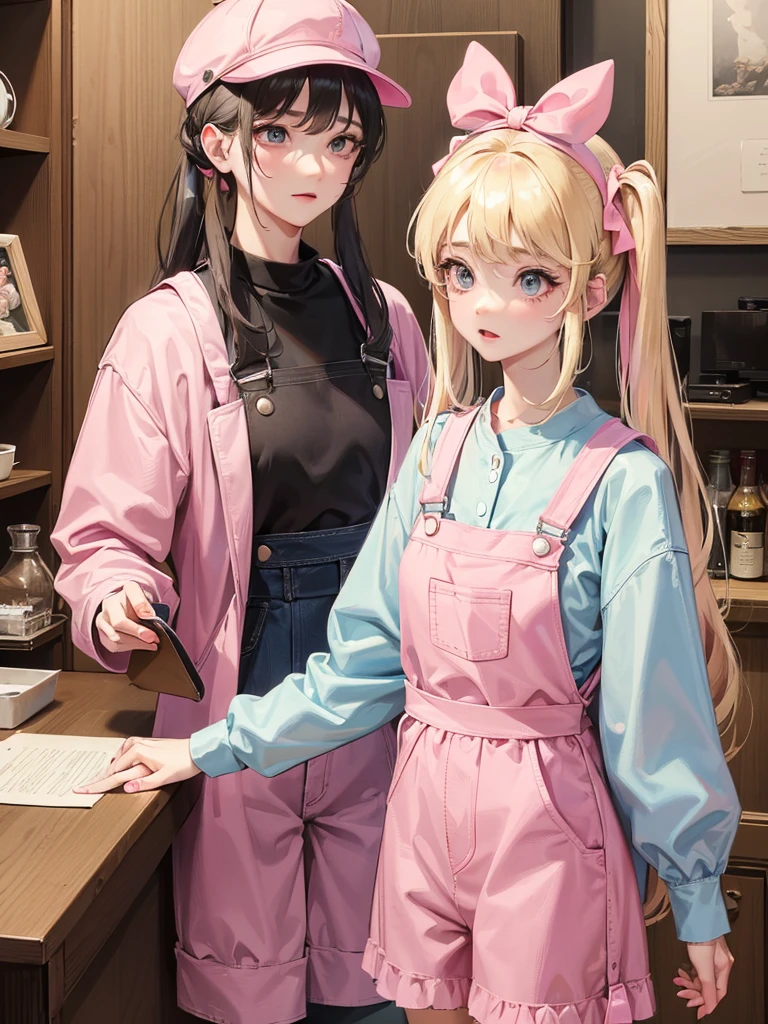 an adult woman, blonde with two pigtails with a bow each pink, pink dress yipo overalls, she has blue eyes, a pink hat on her head, in a room next to an adult man who is taking care of her, he has black eyes and black hair