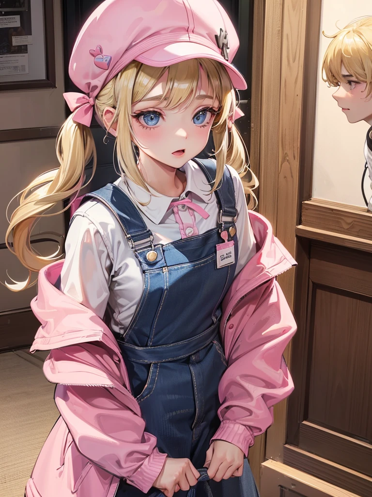 an adult woman, blonde with two pigtails with a bow each pink, pink dress yipo overalls, she has blue eyes, a pink hat on her head, in a room next to an adult man who is taking care of her, he has black eyes and black hair