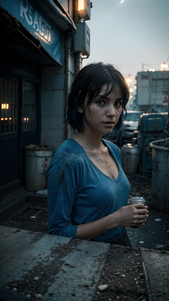 In the morning they thought of a plan. They made themselves look as dirty with grease and dirt, 4k realistic imagery, blue scenery like a movie scene, old american setting, inspired by blade runner movie scene, blue tone,