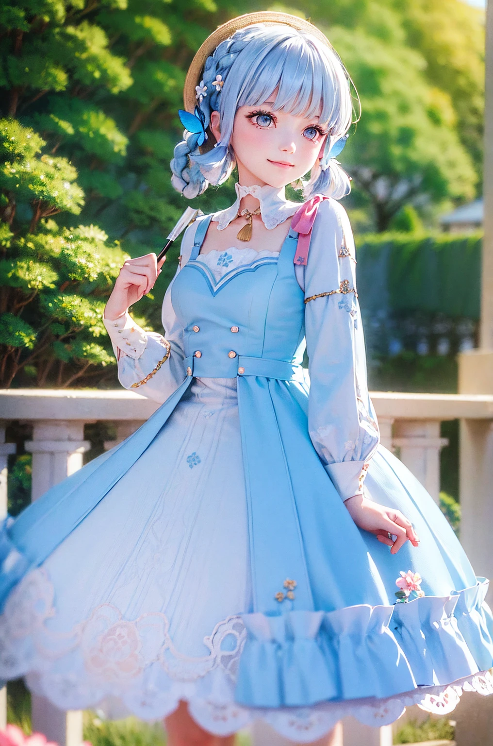 (Realistic painting style:0.9), (faux traditional media:1.0), masterpiece, best quality, bokeh, depth of field, looking to the side, kamisato ayaka (springbloom missive), kamisato ayaka, official alternate hairstyle, official alternate costume, blunt bangs, butterfly hair ornament, hair flower, blue dress, 1girl, butterfly, grey eyes, flower, hair ornament, light blue hair, outdoors, solo, hat, sky, blue nails, cloud, bangs, long sleeves, holding, looking at viewer, blue butterfly, blurry, braid, dress, day, blurry foreground, blue sky, breasts, medium breasts, cloudy sky, blush, index finger raised, blue flower, smile, closed mouth, holding fan