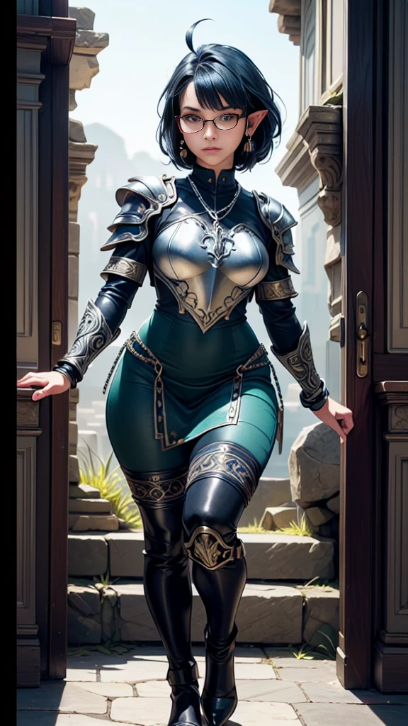 high resolution, ultradetailed, sunny day, ray of lights, 16k, unreal engine, UHD, photorealistic, (skin texture:1.4), (detailed face features:1.3), correct proportions, (library ruins background:1.2 ), 1 girl, beautiful yellow eyes, cowboy pose, dynamic pose, pretty eyes, plump lips, (thin and sharp pale eyebrows), long dark eyelashes, huge ahoge, glasses, enigmatic, dark elf, pointy ears, light skin, full body shot, accurate small snub nose, (short dark blue hair with black tint:1.2), (form-fitting, ornate and elegant fantasy metal armor made of dark green metal with inserts of fine chain mail and floral embossed ornament:1.1), finger repair