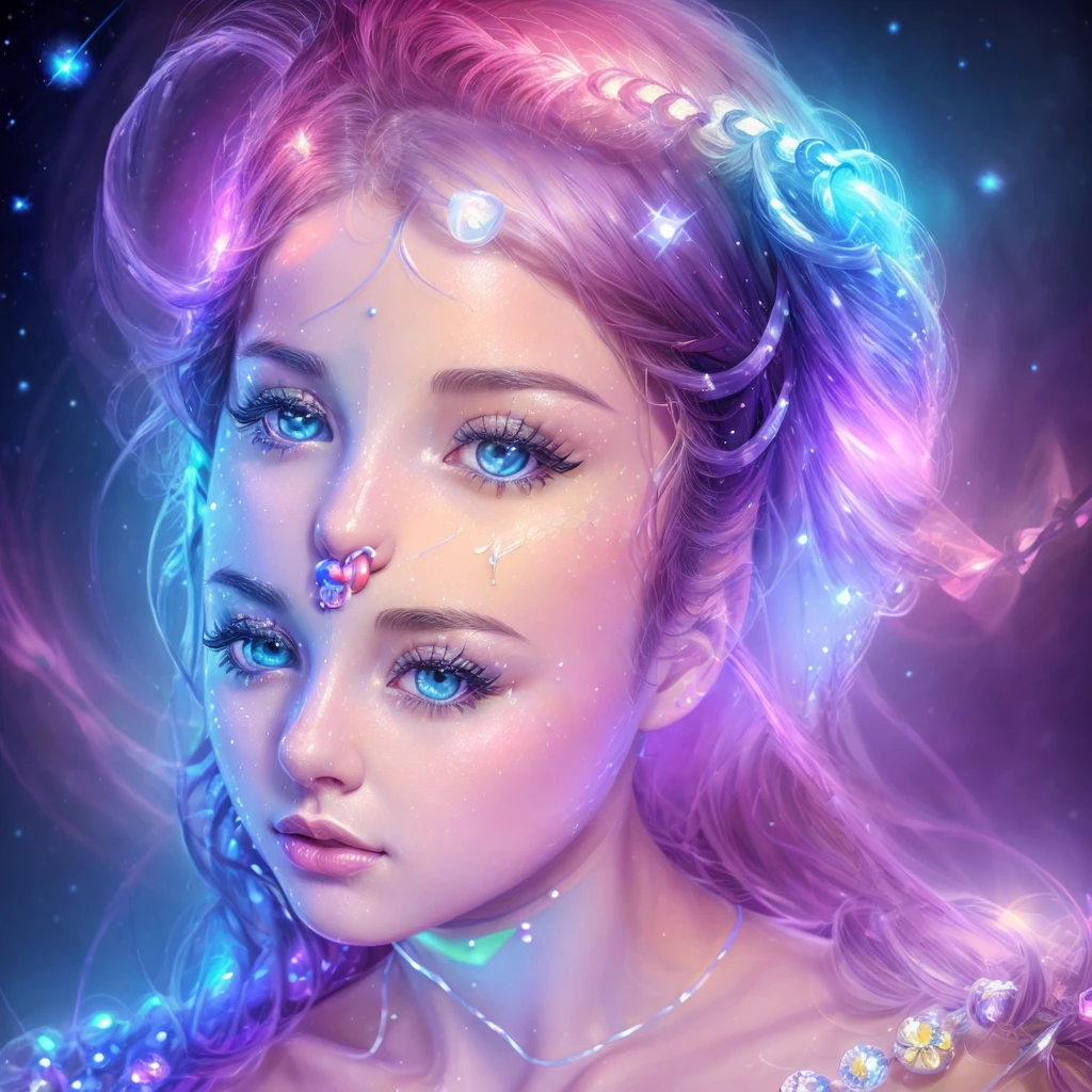 A lovely woman (age 25, sheer airy gown, dragon makeup, big eyes, colorful hair, dancing on a cosmic field of stars, trails of stardust and sparkles