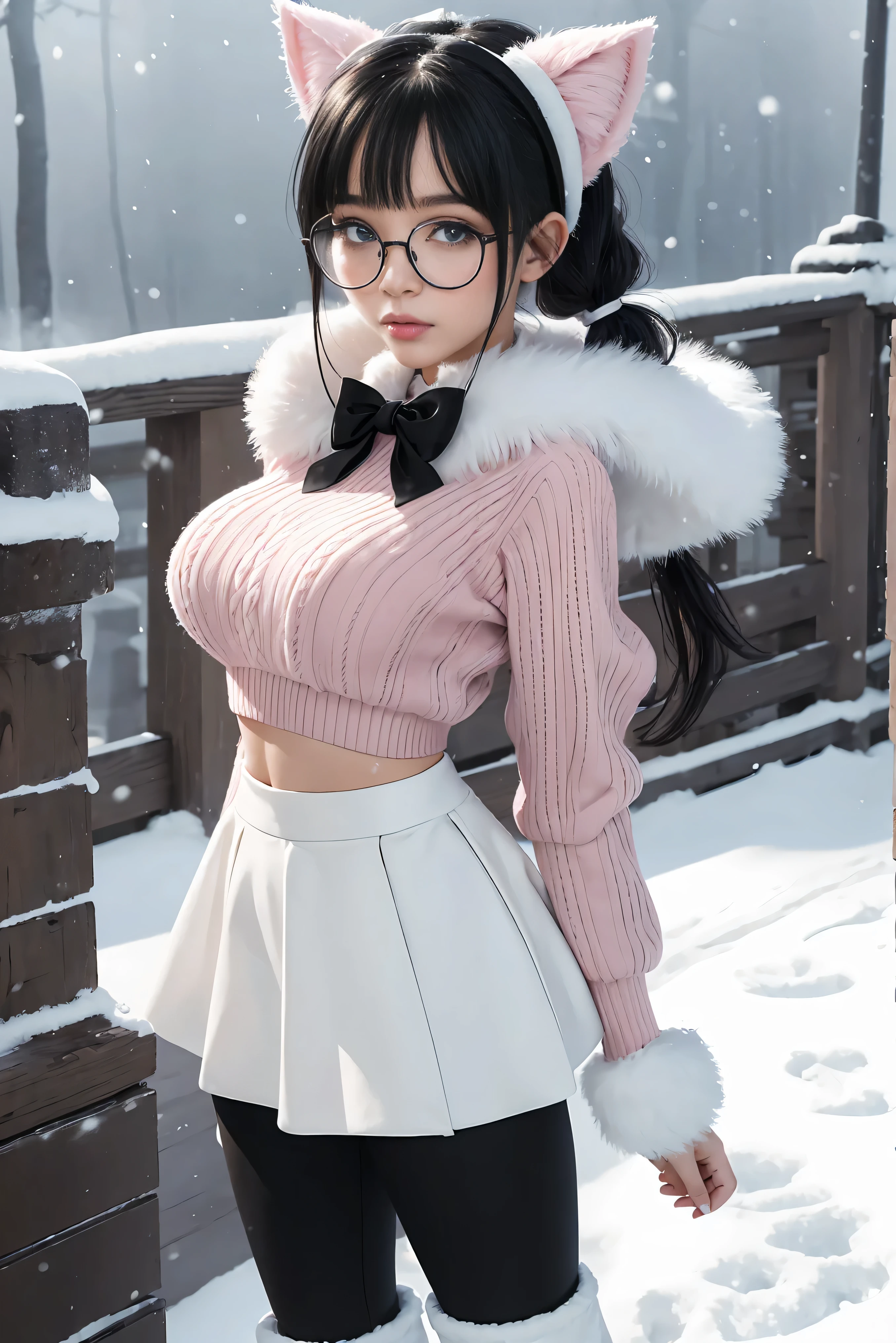 (Best Quality,High resolution:1.2), Ultra-detailed, Realistic portrait, hot Russian girl, pretty face, perfect long legs, full body, tiny waist. large breasts, standing, tight white cropped jumper, black high waist leggings, pink and white snow boots, in the snow, large blue eyes, long black hair tied up with a ribbon, pigtails, tight high waist mini skirt, woolen socks, hair bangs, snowing, foggy, (large round black rimmed glasses), cat ears, (large bow at the back of head, midriff)