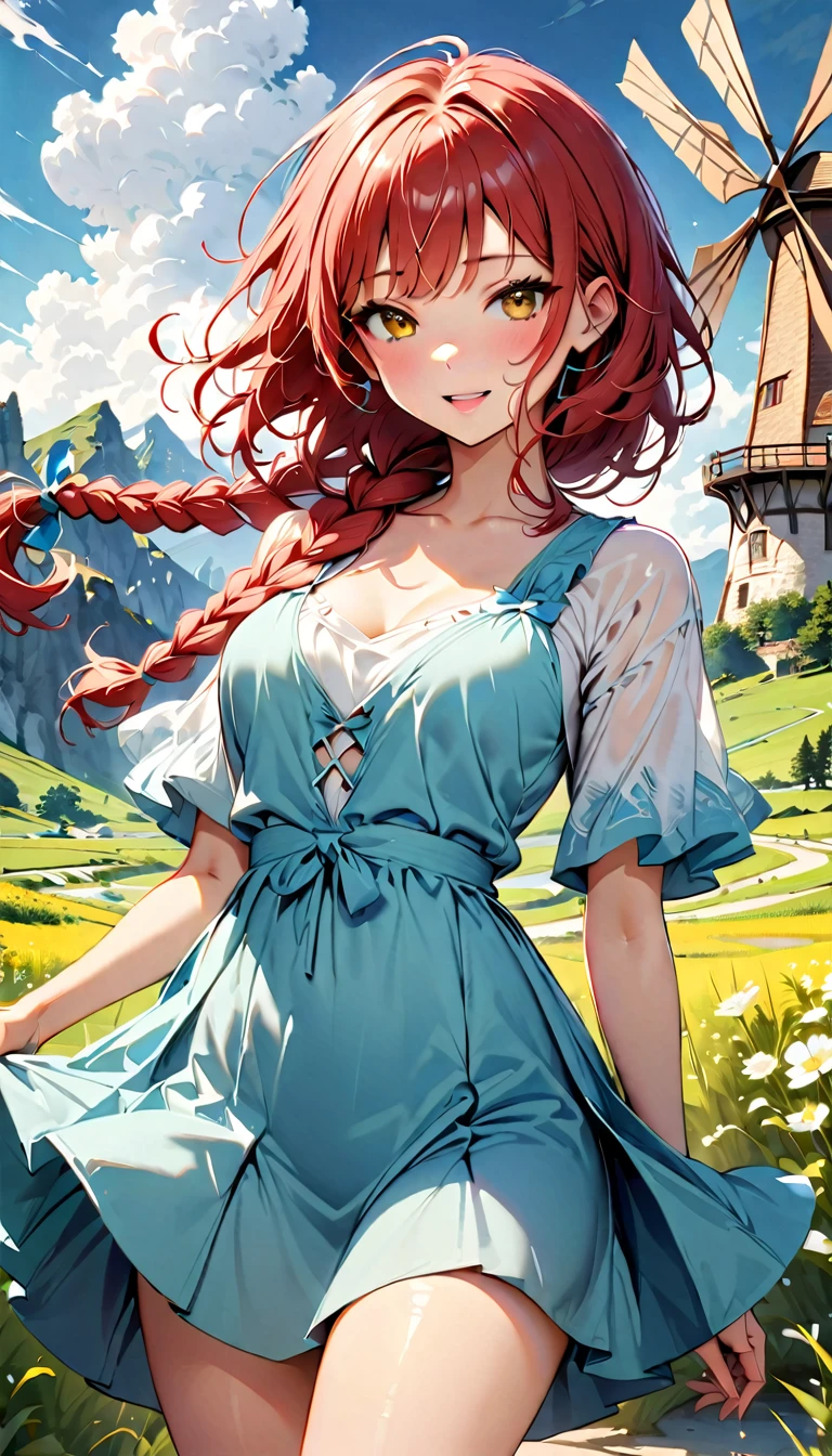 (highest quality:1.2), Very detailed, Vibrant, digital coloring, High Contrast, masterpiece:1.2, highest quality, Best aesthetics, 1 female, red Hair, (single braid:1.5), messy hair, (((Blue Dress:1.2))), (fantasy landscape:1.4), windmill, Bright lighting, Beautiful world, New World, Blown by the gentle wind, (hot gaze, Hot, Rui々Beautiful lips, Glossy, Open Mouth, Leaking sigh), Accurate, Textured skin, Cowboy Shot, seductive smile, The beauty and danger of growing from a girl to an adult, A symbol of miraculous beauty.