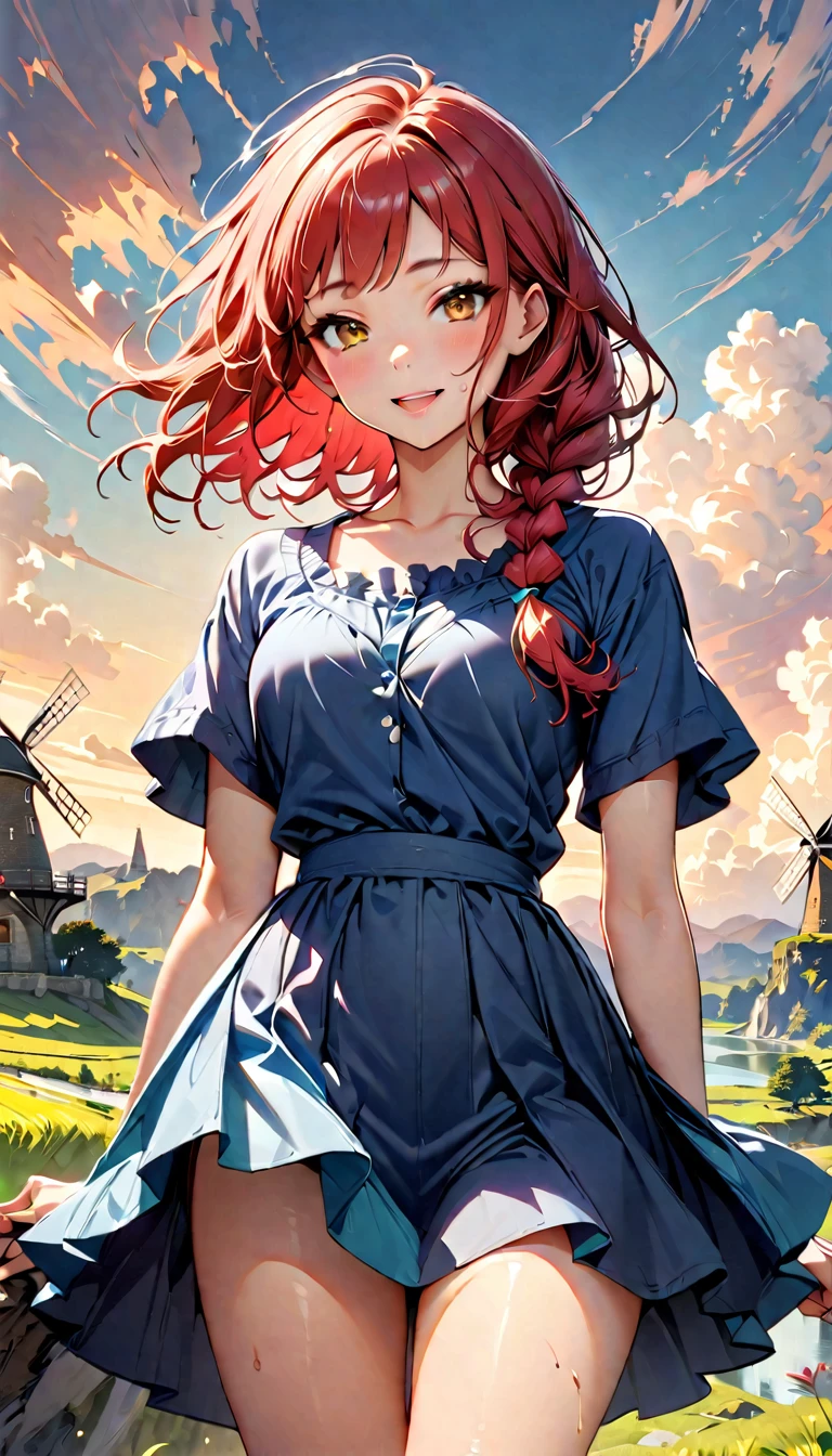 (highest quality:1.2), Very detailed, Vibrant, digital coloring, High Contrast, masterpiece:1.2, highest quality, Best aesthetics, 1 female, red Hair, (single braid:1.5), messy hair, vivid yellow eyes, (((Blue Dress:1.2))), (fantasy landscape:1.4), windmill, Bright lighting, Beautiful world, New World, Blown by the gentle wind, (hot gaze, Hot, beautiful lips, Glossy, Open Mouth, Leaking sigh), Accurate, Textured skin, Cowboy Shot, seductive smile, The beauty and danger of growing from a girl to an adult, A symbol of miraculous beauty.