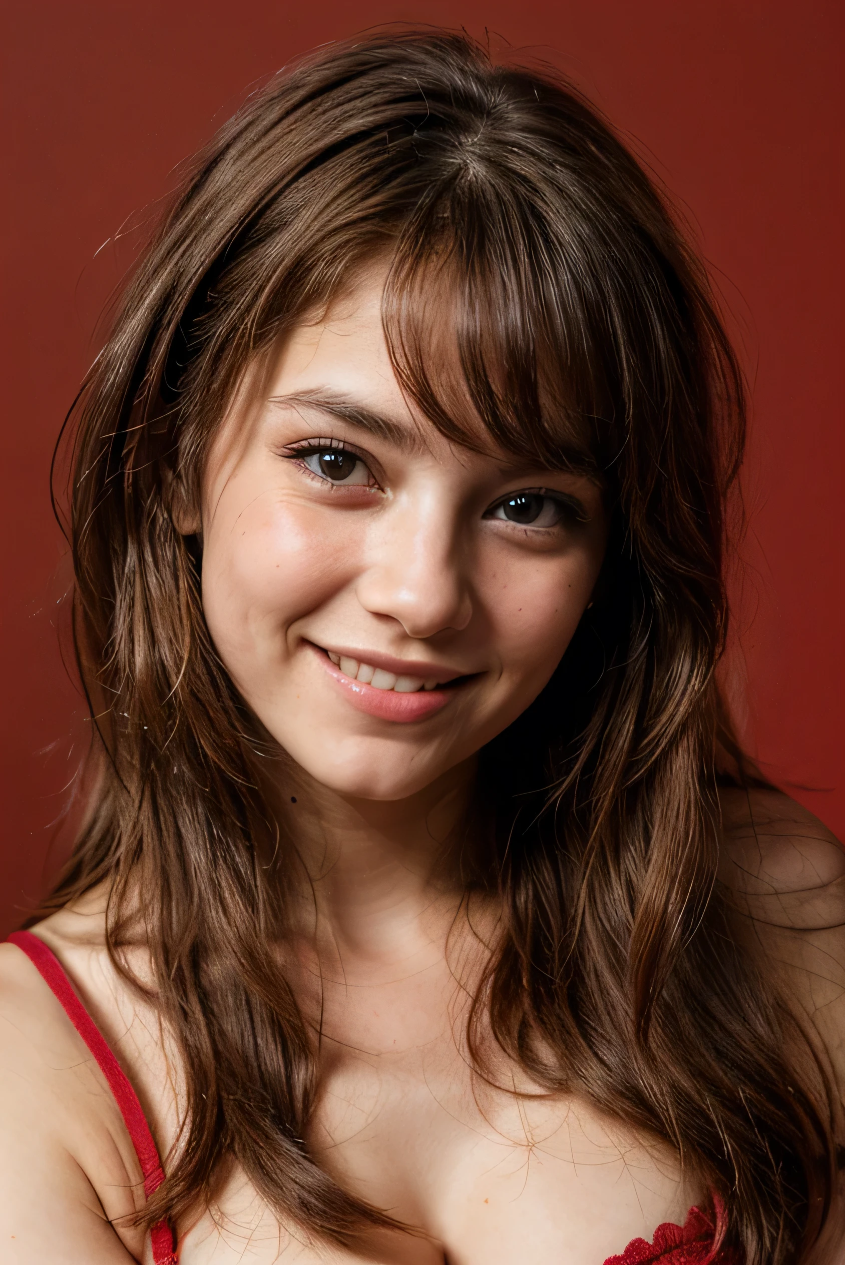 brunette , Linda, face perfect, gorgeous face, beautiful smile, with tank top, with red background