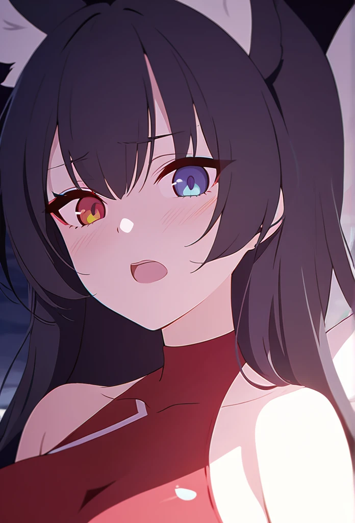 a beautiful blue and black kitsune, detailed intricate portrait, 1girl, long black hair, slim waist, big breasts, long white tail, heterochromia (one blue eye, one red eye), bright shining eyes, wearing a red one piece sexy swimsuit, blushing, dramatic lighting, sensual