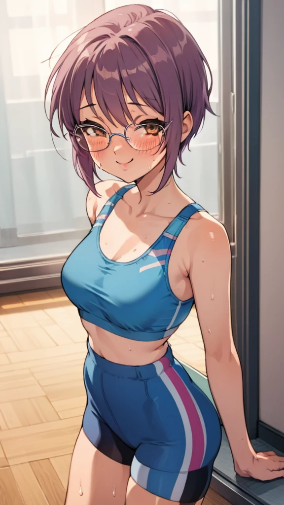  looking at viewer, 1girl, female, solo, blush, sweating, smile, ny1, glasses, ,sports bra,bike shorts