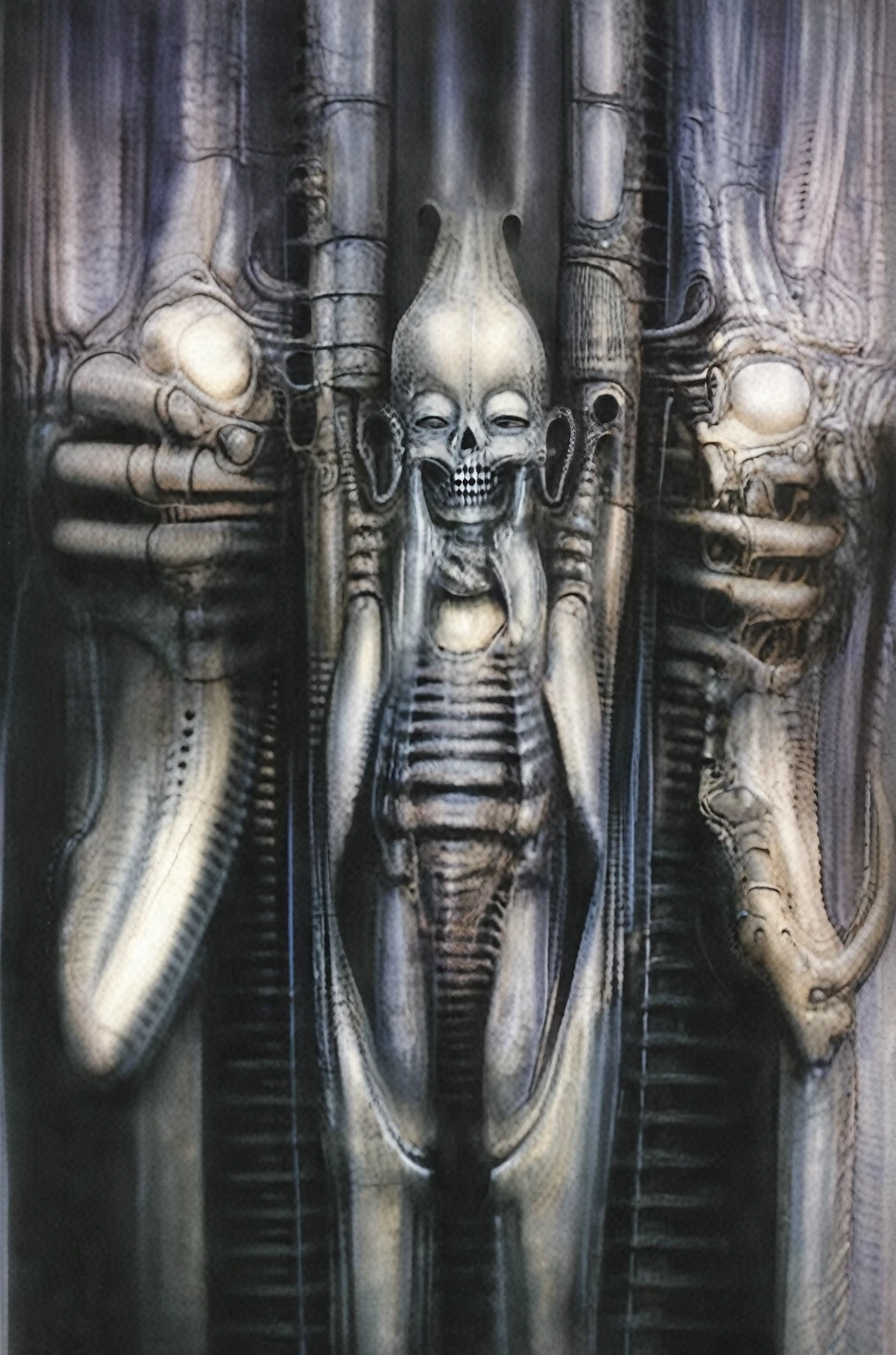 g1g3r, Giger_style, The image is a detailed view of H.R. Giger's \" Li II \" plate, featuring a complex network of bones and organs in a purple-brown hue ,swirling gray and brown colorsgroup of three alien figures positioned in the foreground.  Emaciated and skeletal, with hollow eyes, they appear to be constructed from bone and  metallic  elements,  a  characteristic  fusion  of  organic  and  mechanical  forms  found  in  Giger's  biomechanical  art.  
 The image features a robotic humanoid figure with intricate mechanical details, standing in a room with a glowing screen displaying the word \"EVE\" and a hand reaching out to touch its face.  The background is a dark and  limited  space  painted  in  a  uniform  blue-green color.  This  lack  of  detail  keeps  the  focus  on  the  figures  and  creates  a  sense  of  mystery  about  their  environment.  Receding into the distance  are  a  series  of  arches  and  tunnels  that  hint  at  a  larger  biomechanical  landscape,  possibly  the  work  of  the  creatures  themselves The artwork is silver and purplish brown, with an ivory bones prominently displayed. The image is highly detailed and intricate, almost like a 3d version of a medical diagram (detailed view of an anatomy model, possibly of a human body, with transparent organs and bones exposed). The piece has a thick mechano-organic texture and is covered in fine details. The image has a swirling, organic quality to it. The artistic manner would be unmistakably Gigeresque. A dark and unsettling beauty would permeate the piece, blurring the lines between fascination and repulsion , forever haunted by the grotesque allure. Giger's signature artistic manner would be evident in every stroke. The airbrush would be wielded with masterful precision to create a hyperrealistic yet nightmarish aesthetic.., ooze soaked pajama top
