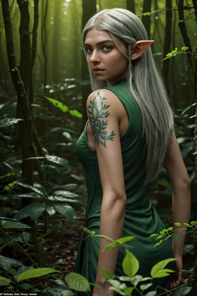 masterpiece, An elf "named Arya", with light skin with a slight golden hue, long straight silver hair, bright green eyes, delicate facial features with high cheekbones and pointed ears, walks through an alien forest full of luminescent plants . The lighting is vibrant and bioluminescent, with soft focus and ultra-detailed 3D rendering style. Arya has a bioluminescent vine-shaped tattoo on her left arm.
