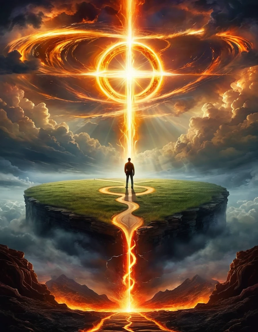 Create an image that portrays a man standing at a crossroads, with one path leading to radiant heavenly light and the other descending into a dark and fiery abyss, symbolizing his internal struggle between good and evil.