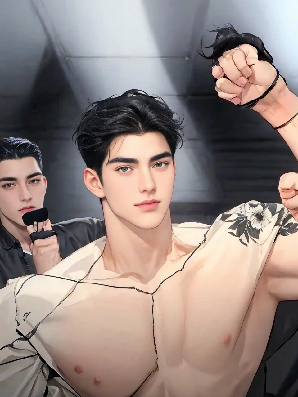 masterpiece, 1boy, adult, handsome, black hair, undercut hair, perfect face, detailed eyes and face, black eyes, clean shaved, muscular, capturing a rural atmosphere, dynamic lighting, unreal engine 5, jacket