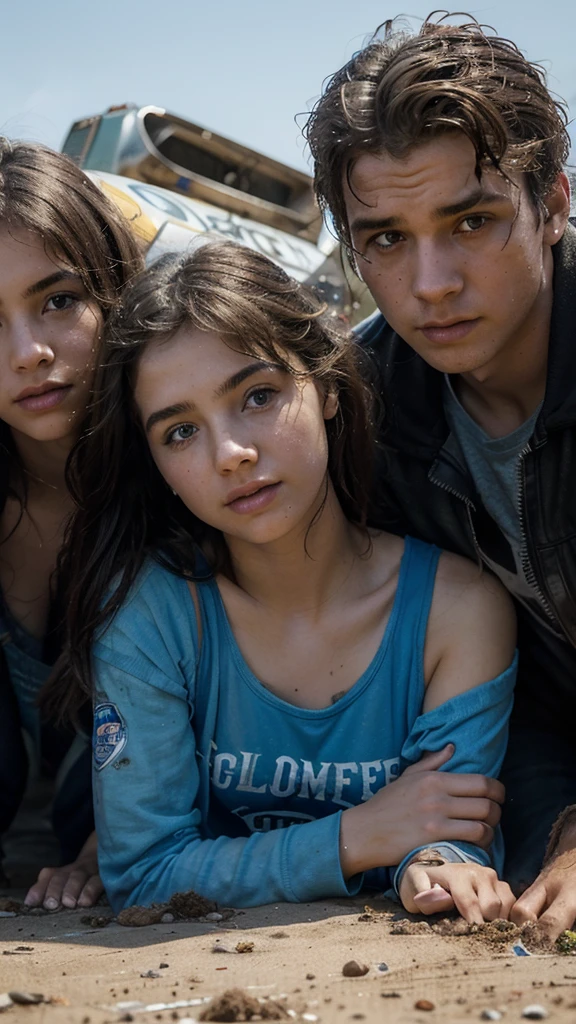 In the morning they thought of a plan. They made themselves look as dirty with grease and dirt, four college students look unkempt and thinking together, 4k realistic imagery, blue scenery like a movie scene, old american setting, inspired by blade runner movie scene, blue tone,
