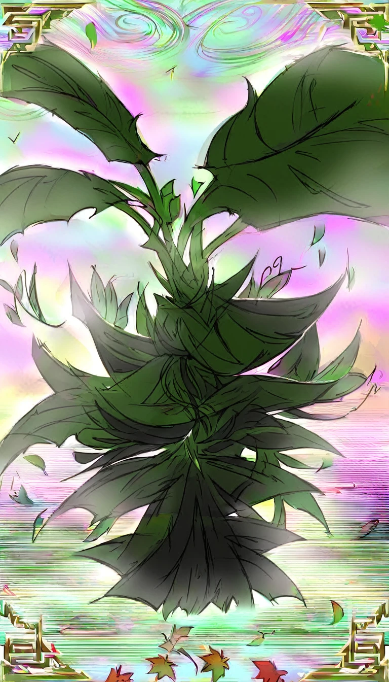 divine beautiful dlyad girl, long green hair, large breasts, personified, fantasy, excellent lighting, excellent anatomy, leaves, weeds, sprouts, trees, soil, ethereality, fantasy card game frame, psychedelic, psychedelic delusion, 2d Gauche hand drawn painting, masterpiece