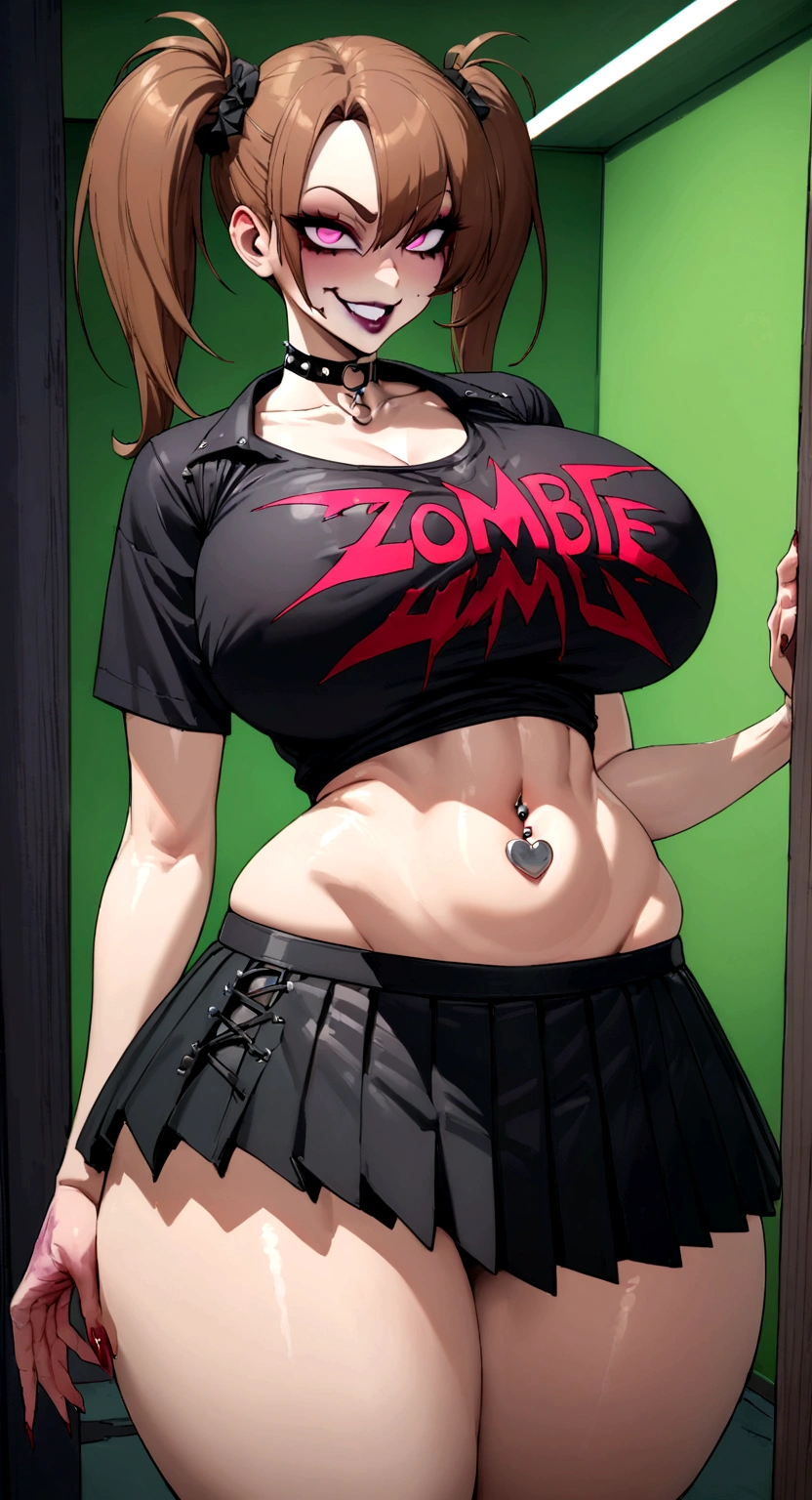 big lips, Brown hair, pink eyes, japanese face, improve, improve grin, two sides up, huge breasts, Wide hips, sexy, detailed, green room, Hits, (evil smile1.4), kawaii, pleated skirt, punk, GOOD, zombie costume, zombie shirt, zombie choker, zombie skirt, dezombie shirt,navel piercing