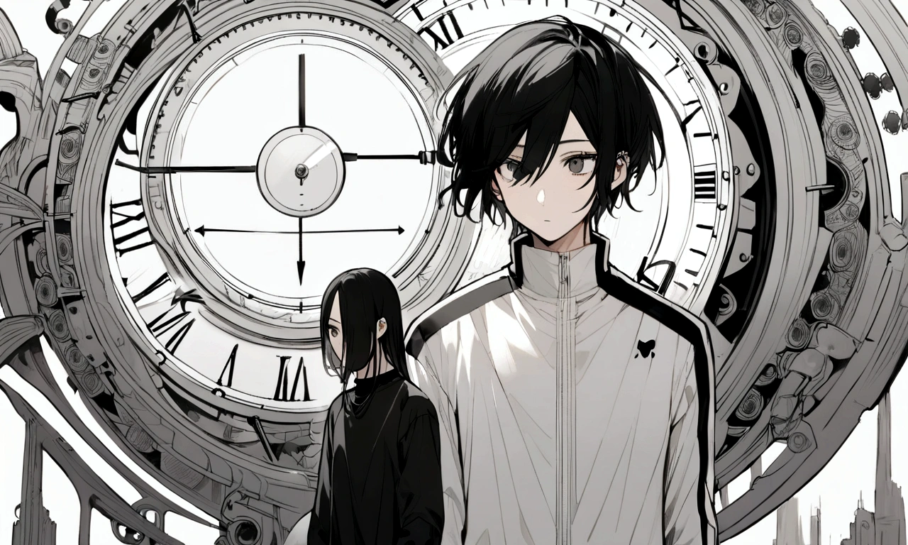 black and white drawing, giant clockwork background, 2 human, 26 year old male 1, black neat hair, a lonely face, wearing gray tracksuit, beautiful woman 1, wearing a white dress