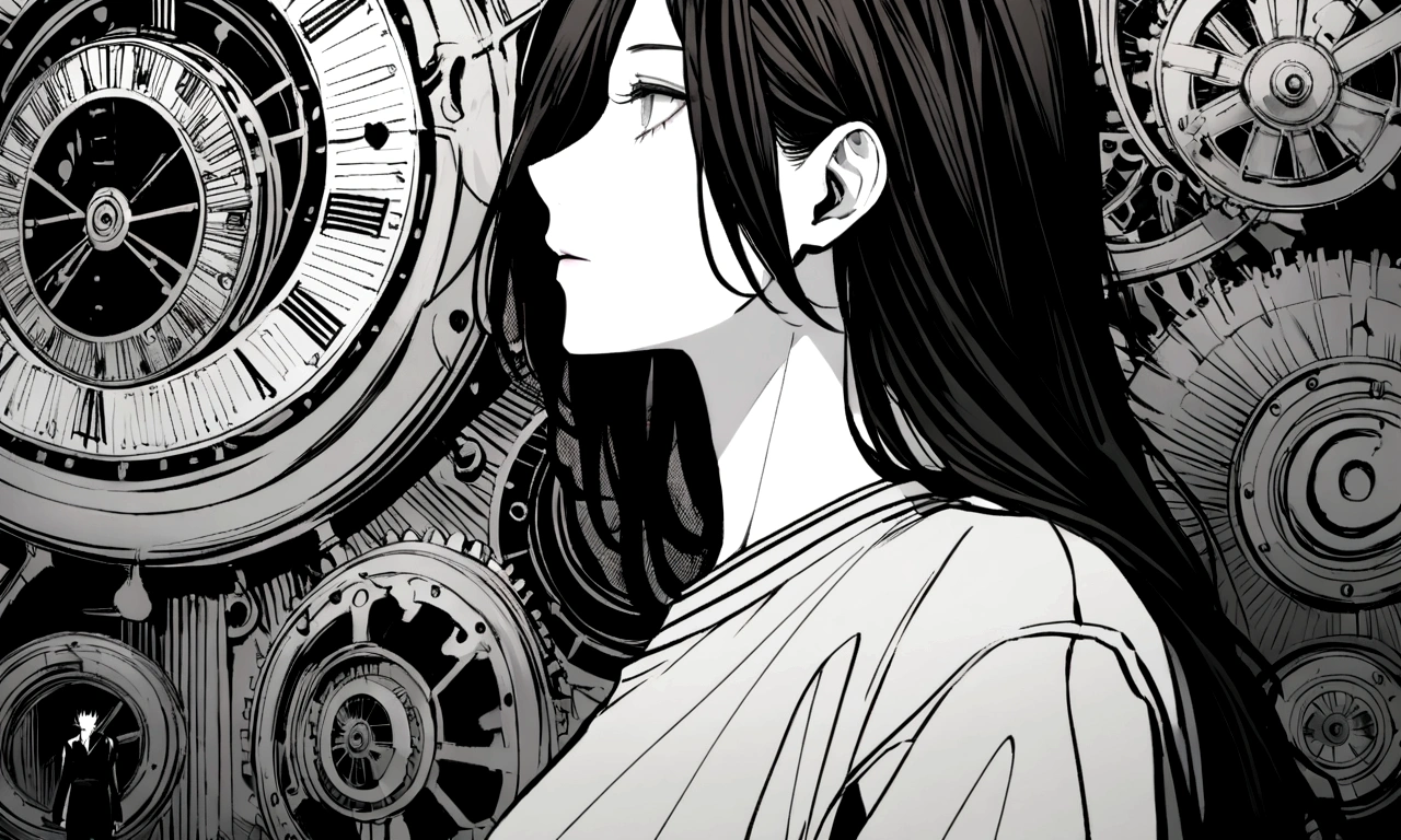 black and white drawing, giant clockwork background, 2 human, 26 year old male 1, black neat hair, a lonely face, wearing gray tracksuit, beautiful woman 1, wearing a white dress