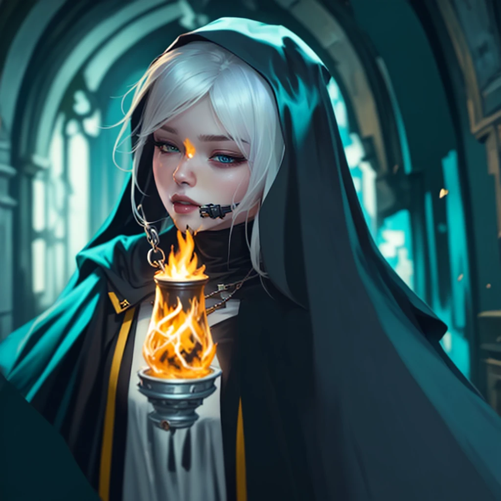 hearthstone, hearthstone style, priest with white hair and black cape holding a metal chain, non-style artwork by guweiz, extremely detailed artegerm, WLOP rossdraws, fanart best art station, painted in the style arcane, :: rossdraws, dark fantasy style art, vampire nun, WLOP | artegerm, alexandra fomina artstation