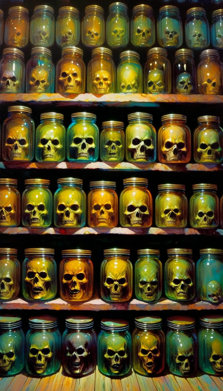 store shelf with large jars, jars with heads inside, horror tones(art inspired by Bill Sienkiewicz, oil painting)