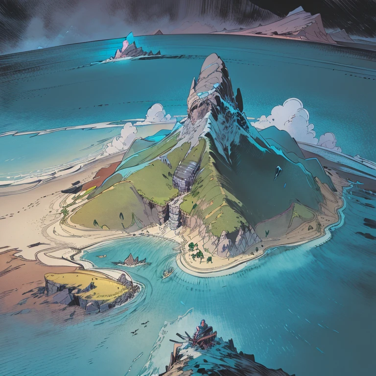 Close-up of a fantasy world map with a volcano, Very detailed map, official art, detailed fantasy map, KartaPatreon, Fantasy world map, Game Map matte painting, fantasy world map, Game Map, epic landscapes, Facing the world map, official artwork, The above points, colorful concept art, Magic battlefield background, the legend of Zelda: Breath of the Wild Map