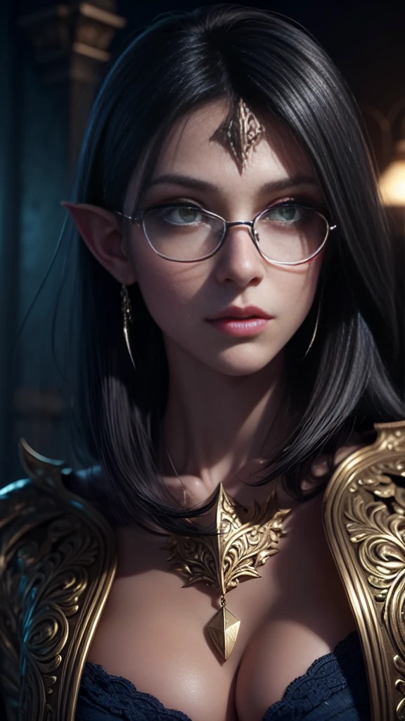 high resolution, ultradetailed, sunny day, ray of lights, 16k, unreal engine, UHD, photorealistic, (skin texture:1.4), (detailed face features:1.3), correct proportions, (library ruins background:1.2 ), 1 girl, beautiful yellow eyes, cowboy pose, dynamic pose, pretty eyes, plump lips, (thin and sharp pale eyebrows), long dark eyelashes, huge ahoge, glasses, enigmatic, dark elf, pointy ears, light skin, full body shot, accurate small snub nose, (short dark blue hair with black tint:1.2), (form-fitting, ornate and elegant fantasy metal armor made of dark green metal with inserts of fine chain mail and floral embossed ornament:1.1), finger repair
